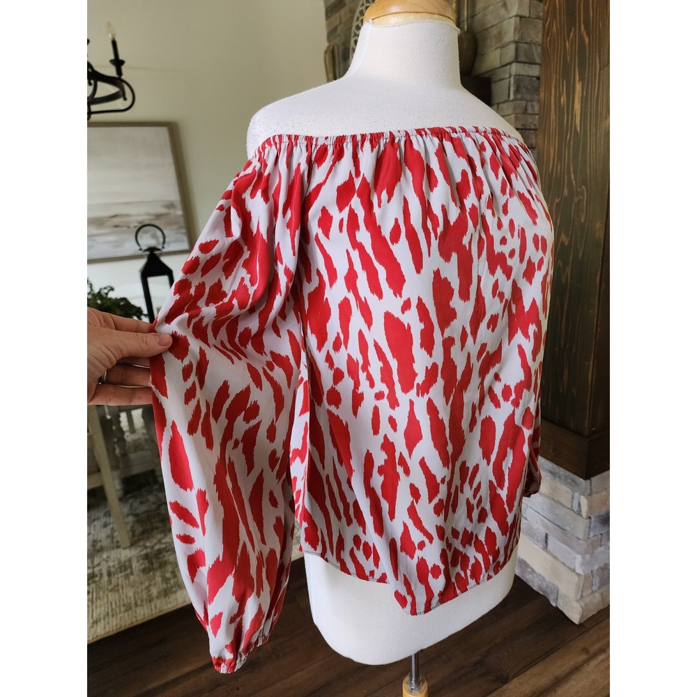 Buddy Love Red Animal‎ Print Off the Shoulder Balloon Sleeve Top S Gameday